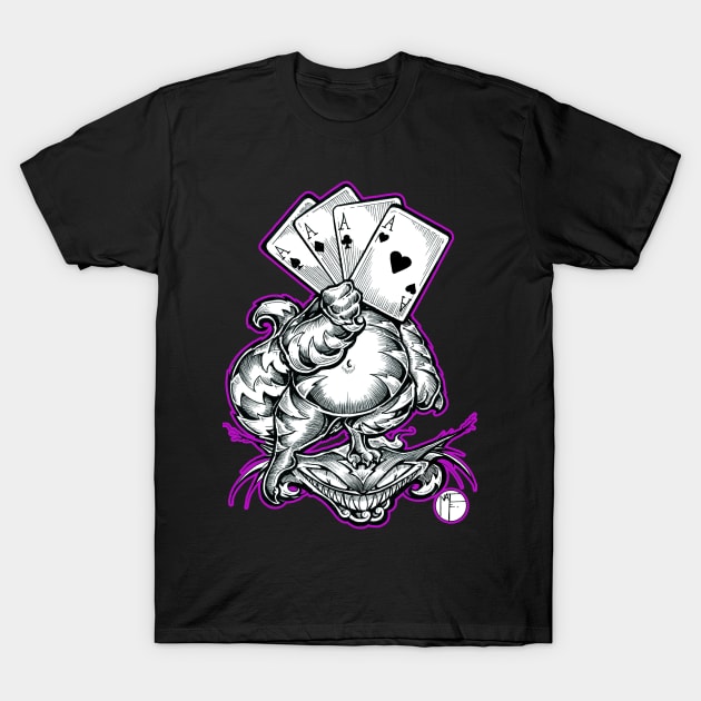 Cheshire Cat With Cards - Purple Outline T-Shirt by Nat Ewert Art